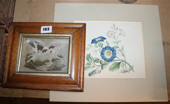 Victorian needlework spaniel & floral w/colour